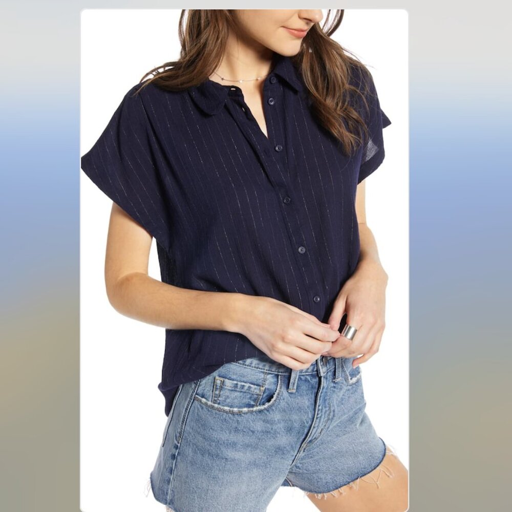 Treasure & Bond metallic button down Stripe Blouse Medium, NAVY NIGHT
